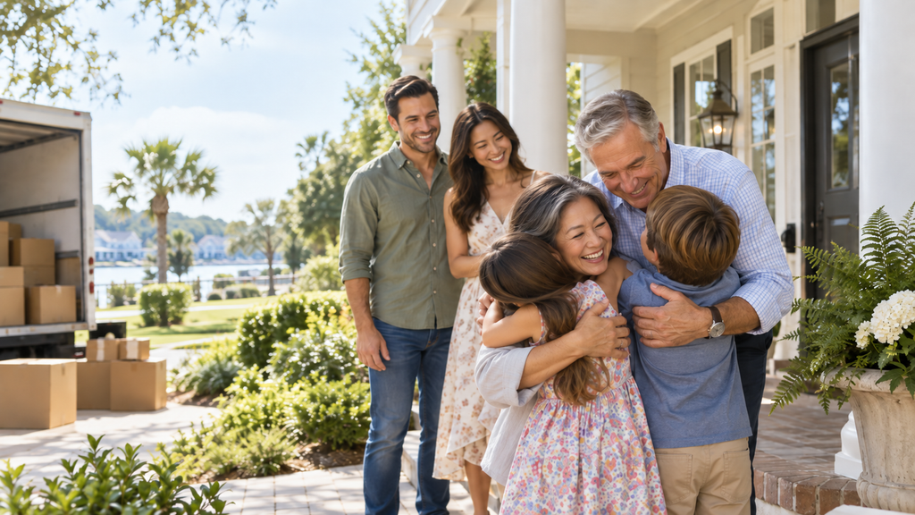 Baby Chaser housing trend showing grandparents moving closer to their children and grandchildren at a suburban home.